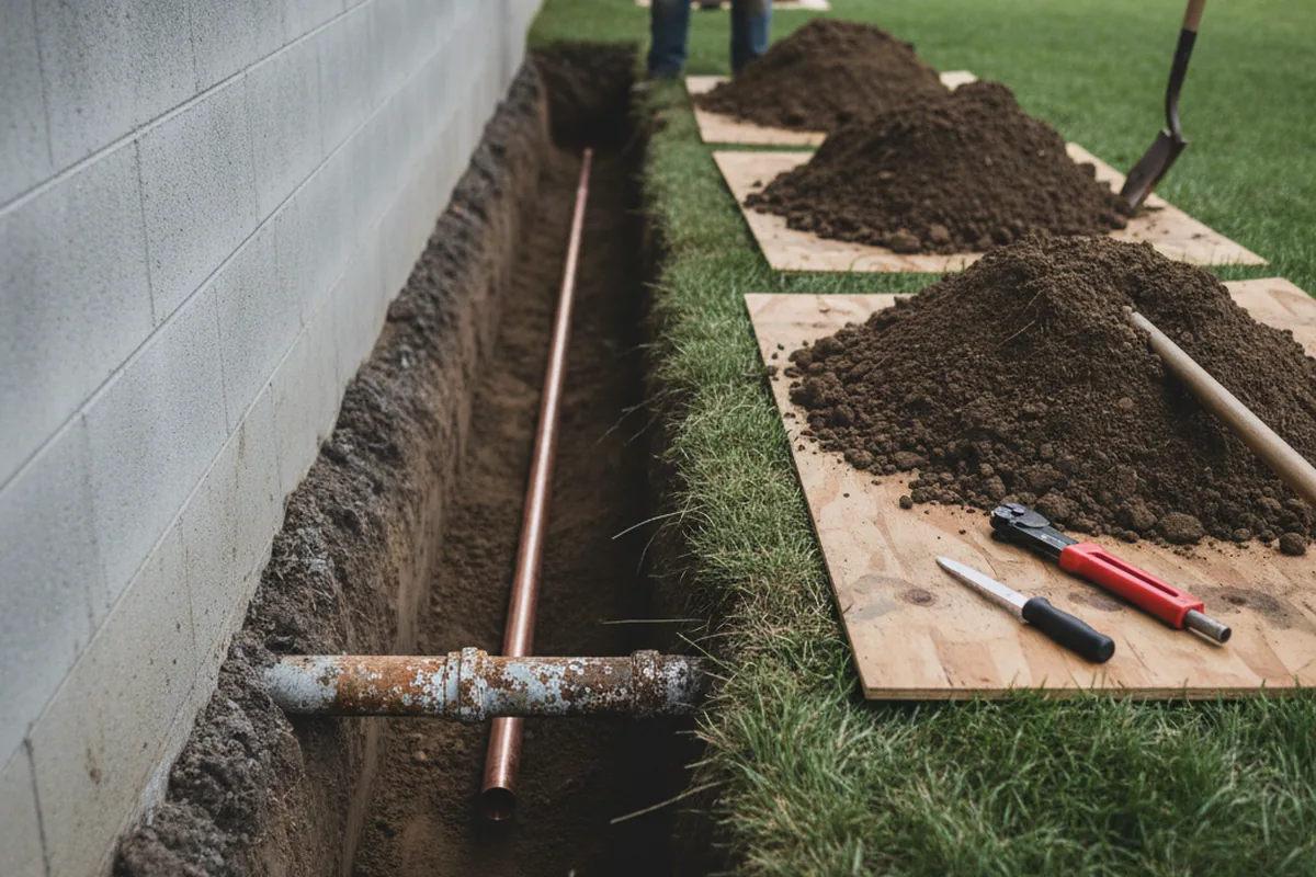 Excavated water line trench during Sewer Line Repair in Center Harbor